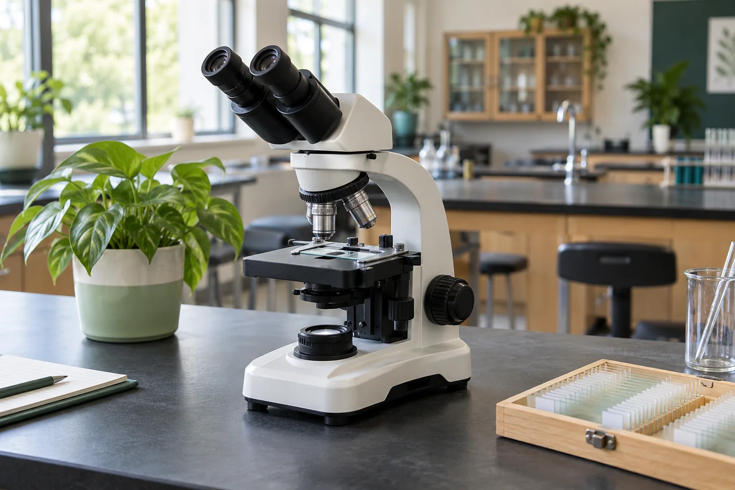 Illustrative biology lab with a compound microscope, prepared slides and a small plant.